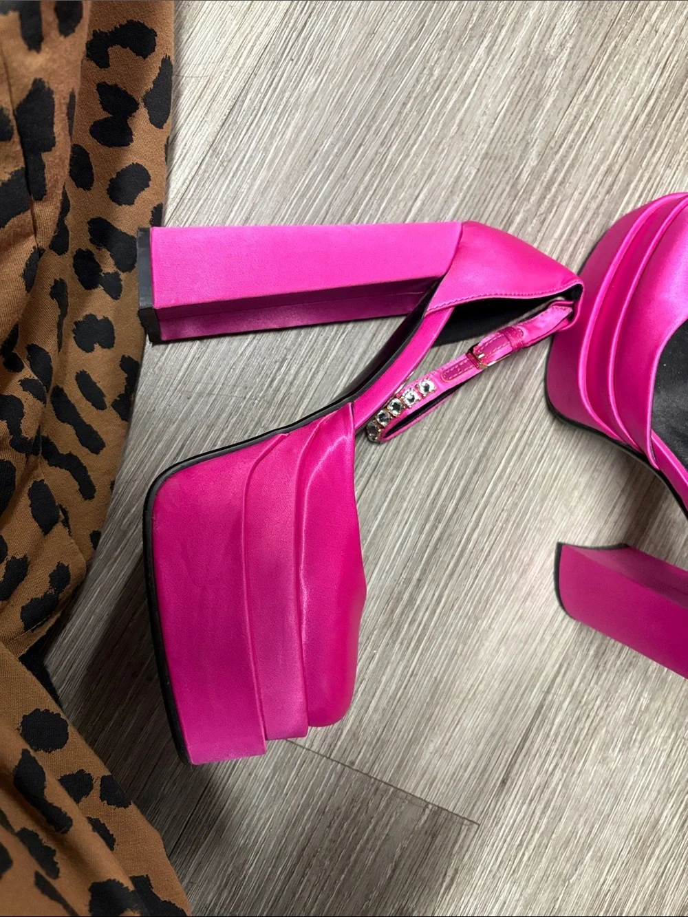 Fuchsia Satin Platform Block Heels with Ankle Strap